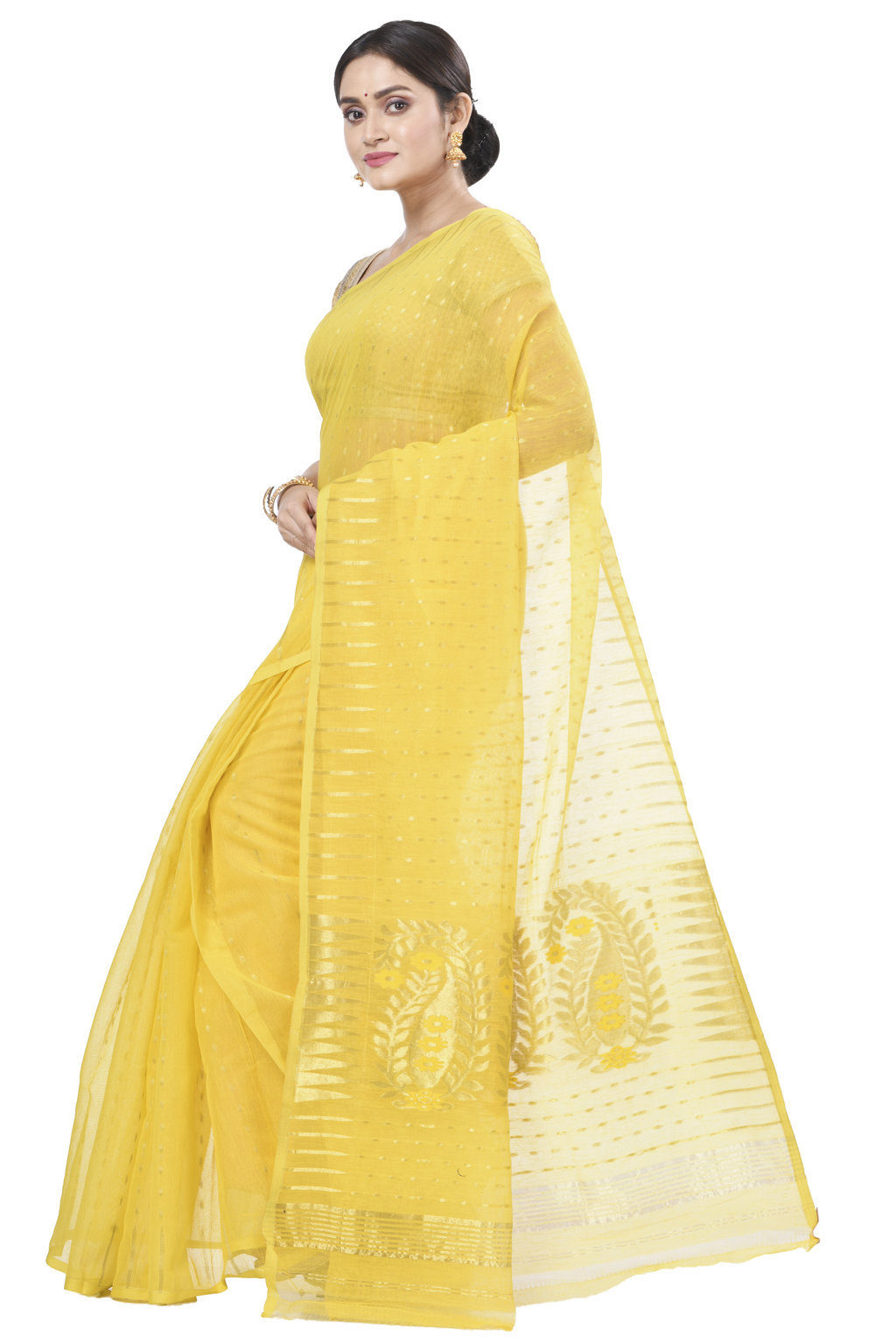 Yellow Blended Cotton New HALF  JAMDINE Jamdani Saree (528)